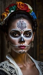 Dia de los muertos, Mexican holiday of the dead and halloween. Woman with sugar skull make up and flowers. generative AI