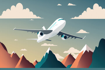 Flying aircraft in the sky. Jet aircraft travel and take vacations in the skies. Taking a flight, traveling by airplane, or using an airline. Flat artwork of the sky. Generative AI