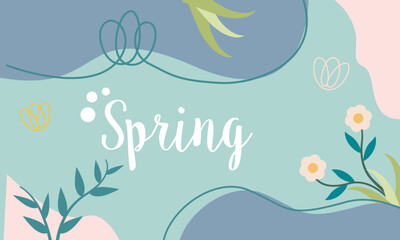 Fototapeta na wymiar Spring Sale floral backdrop decorated with gorgeous multicolored blooming flowers and leaves border. Spring botanical flat vector illustration, Hello Spring Banner template