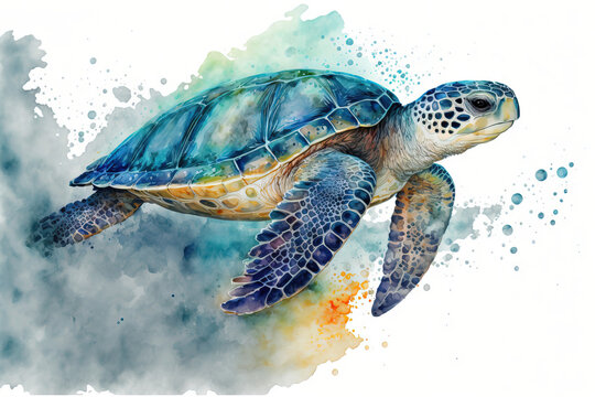 Cute sea turtle watercolor picture of marine life, ocean wildlife, and sea life. Generative AI