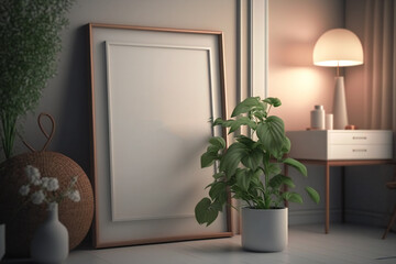 A mock-up poster frame in a beige home interior, featuring a minimalist and stylish Scandinavian aesthetic