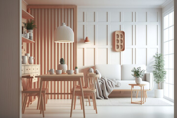 A model of a wall in a clean and minimalistic white interior, featuring natural wooden furniture and a blend of Scandinavian and bohemian styles