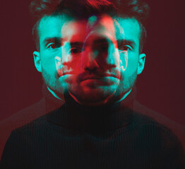 Neon lighting, double exposure and portrait of man isolated in studio for art, identity and...
