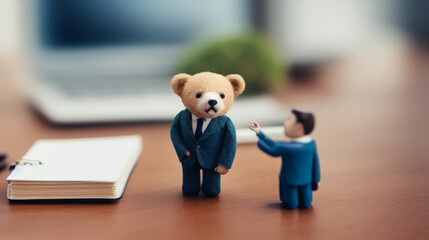ミニチュア3D　ぬいぐるみ　オフィスで仕事をするクマのぬいぐるみのビジネスマン　イメージ　風刺 Miniature 3D stuffed toy bear stuffed businessman working in the office image satire - obrazy, fototapety, plakaty