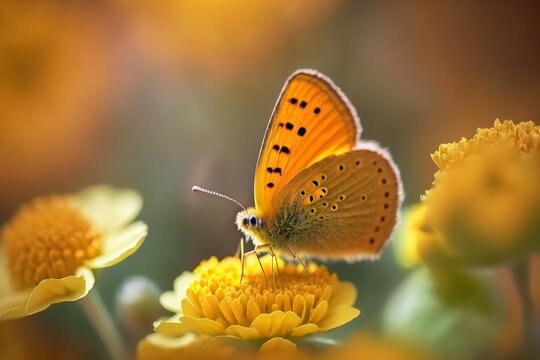 Beautiful, adorable yellow butterfly perched atop an orange blossom in the open air during the spring and summer on a bright, sunny day. Beautiful bokeh in the blur. Generative Ai.