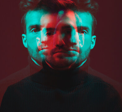Neon lighting, double exposure and portrait of man isolated in studio for art, identity and confidence. Fashion, creative aesthetic and male model face with elegant, classy and stylish clothes