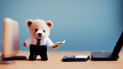 ミニチュア3D　ぬいぐるみ　オフィスで仕事をするクマのぬいぐるみのビジネスマン　イメージ　風刺 Miniature 3D stuffed toy bear stuffed businessman working in the office image satire
