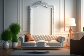 A frame mockup in a modern classic living room interior background. Ideal for showcasing your artwork or design projects