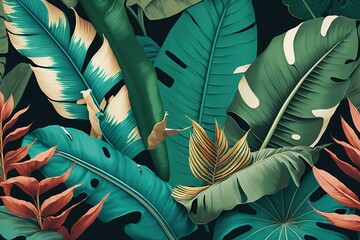 Dark green tropical foliage, flowery backdrop, manstera, and palm leaves on a black background. Generative Ai.