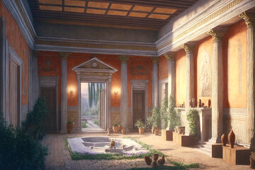 Obraz premium Roman Ancient Home interior with fresco paint on wall court garden welcome space