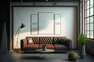 A frame gallery mockup in a minimalist industrial style living room with a leather sofa. Perfect for showcasing your art collection