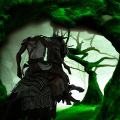Headless horseman riding a black horse in the mystic forest