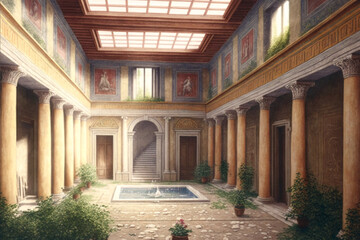 Roman Ancient Home interior with fresco paint on wall court garden history