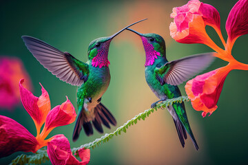 Hummingbirds in pairs and a pink flower. Hummingbirds with fiery throats soaring next to a gorgeous blooming flower in Savegre, Costa Rica. Natural action scene with fauna. Generative AI - obrazy, fototapety, plakaty