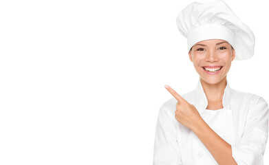 Woman chef pointing / showing empty blank copy space isolated cutout PNG on transparent background....