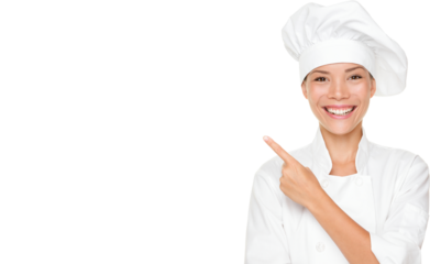Woman chef pointing / showing empty blank copy space isolated cutout PNG on transparent background. Beautiful young mixed race Asian Caucasian female model smiling happy.