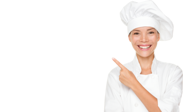 Woman chef pointing / showing empty blank copy space isolated cutout PNG on transparent background. Beautiful young mixed race Asian Caucasian female model smiling happy.