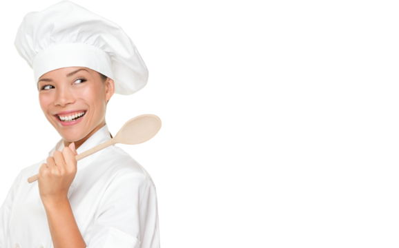 Chef woman smiling happy. Cook, chef or baker looking over should at copy space holding wooden spoon. Beautiful fresh Asian Caucasian female model isolated cutout PNG on transparent background.