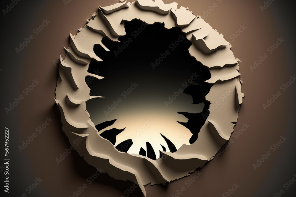 Poster paper with a dark hole in it and ripped edges. generative ai