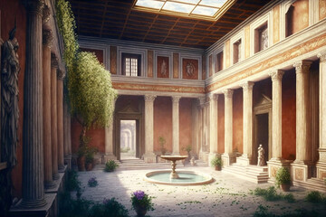 Roman Ancient Home interior with fresco paint on wall court garden with fountain
