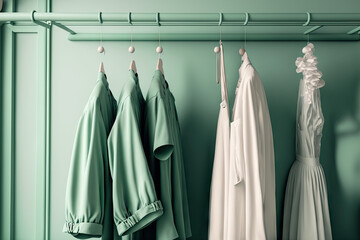Clothes hanging on a rack in pastel green and white colors. , studio, store. Generative AI