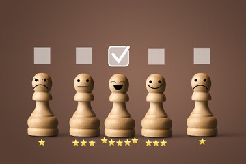 face image on wooden figure for rating and feedback