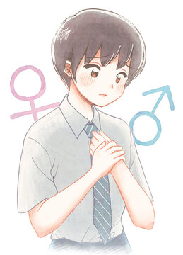 男子の制服に違和感を感じる学生の水彩風イラスト