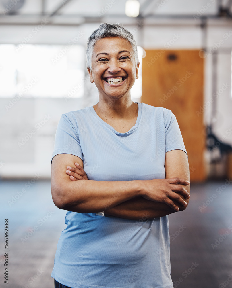 Canvas Prints Senior black woman, gym and smile portrait of a person happy about fitness and exercise. Sports, happy and pilates fitness studio of mature female with arms crossed proud about wellness and health