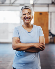 Senior black woman, gym and smile portrait of a person happy about fitness and exercise. Sports, happy and pilates fitness studio of mature female with arms crossed proud about wellness and health