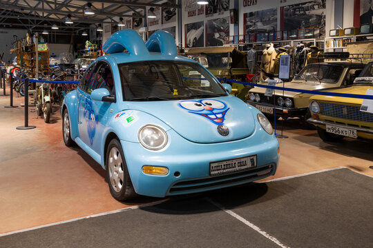 ZELENOGORSK, RUSSIA - JANUARY 27, 2021: Volkswagen New Beetle car made in the form of one of the characters of the animated series "Smeshariki" in the museum of retro transport "Horsepower"