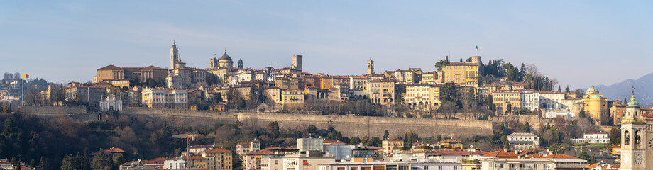 Bergamo, Italy. Amazing aerial landscape at the old town during a wonderful sunny day. View from the lower city. Bergamo one of the beautiful city in Italy View of the ancient walls