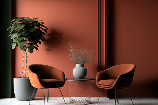 Modern style interior design of a living lounge room or trend reception hall with a gray chairs and table. Accent terracotta or calming coral brown maroon wall background for art. Generative AI