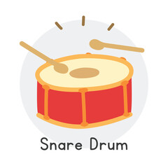Snare drum clipart cartoon style. Simple cute drum and drum sticks percussion musical instrument flat vector illustration. Percussion instrument hand drawn doodle. Red snare drum vector design