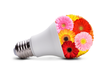 Energy saving light bulb with flowers isolated on transparent background, PNG.