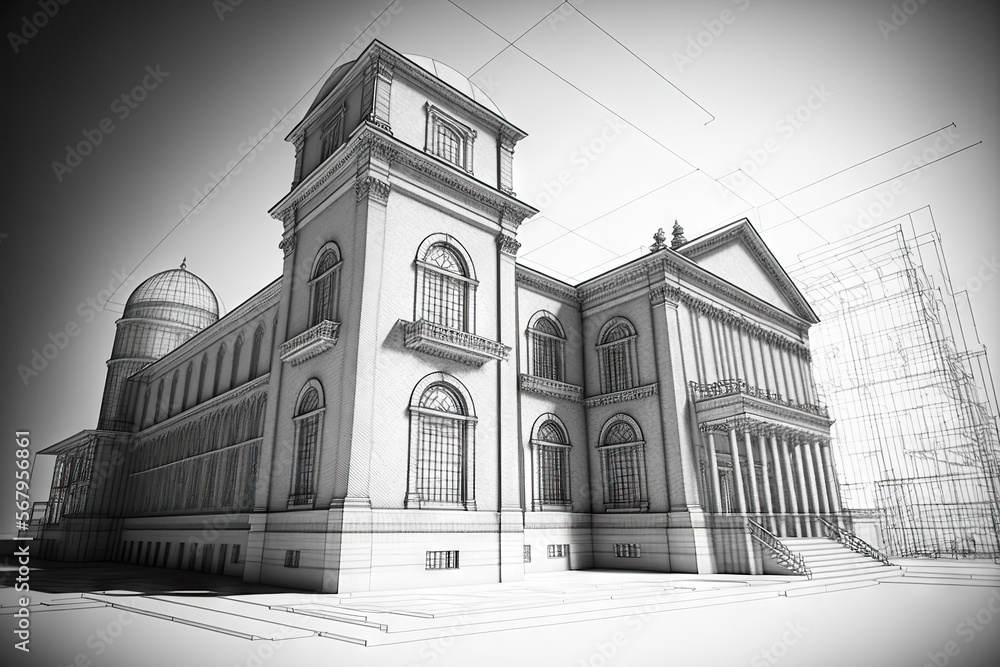 Poster architectural history perspective a wireframe i created for a building. generative ai
