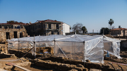 Side , Turkey -  January  27, 2023:   view of archaeologists at an excavation site in the grounds of Side, Turkey