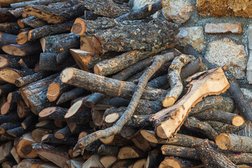 close-up sawn tree into small pieces. Background from sawn pieces of wood. Cuts of trees collected...