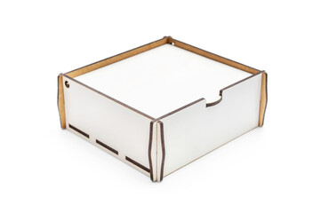 Closed wooden plywood gift box. Isolated on white.
