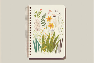 Lovely personal journal. A gorgeous notepad is open. Calendar and note taking for the next season. Notepad among the flowers and grass. flat graphic image set on a white backdrop. Generative AI