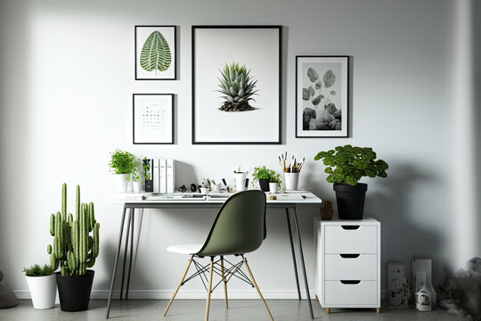 Modern and fashionable home office desk with imitation poster frames, an avocado plant, a cup of coffee, and office supplies. Desk for the modern home office. Generative AI