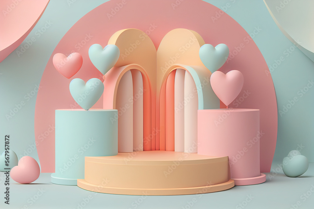 Poster empty pastel podium with 3d hearts and copy space background. mockup for display of product. 3d rend