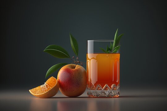 Glass of Orange juice with sliced fruits on pastel color background. Created with Generative Ai technology