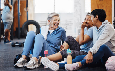 Gym, laughing and group of mature women telling joke after fitness class, conversation and comedy on floor. Exercise, bonding and happy senior woman with friends sitting chatting together at workout. - obrazy, fototapety, plakaty