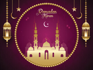 Fototapeta na wymiar Realistic Ramadan Kareem background with moon, golden ornaments and lanterns.
