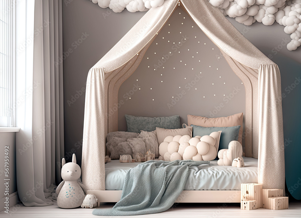 Wall mural Cozy kids bedroom interior with canopy, pillows, hanging clouds and lights. Generative AI