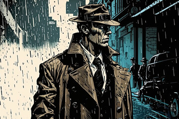 male detective investigator hat and coat on rainy street at night. Cartoon Noir comics style. Generative AI - obrazy, fototapety, plakaty