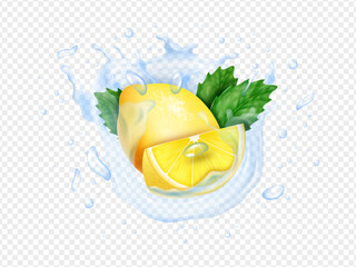 Realistic lemon, whole and half, mint in water splash. Fresh ice tea drop, green leaf, fresh lime fruit mojito waves, liquid juice swirl. Citrus gum or toothpaste. Vector 3d isolated concept