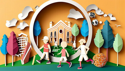 Kids Sport at School in Papercut Style. Vector illustration background. Generative AI