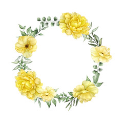 beautiful blooming yellow flower and greenery leaves floral wreath