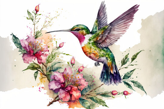 exotic birds Hummingbirds forage for nectar from flowers on branches with buds and green leaves while in flight and spreading their wings. Cards, invitations, prints, backgrounds, and covers designed